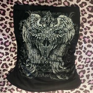 Black Y2K mcbling tube top with cross and wing design